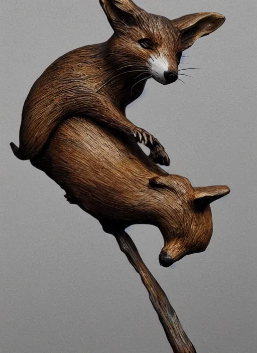 Prompt: sculpture of rat on top of a fox made of wood, portrait, female, future, wood, tree, harper's bazaar, vogue, magazine, insanely detailed and intricate, concept art, close up, ornate, luxury, elite, elegant, trending on artstation, by ruan jia, by Kenneth Willardt, by ross tran, by WLOP, by Andrei Riabovitchev,