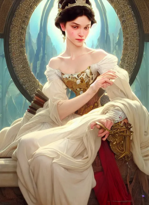 Image similar to portrait of princess snowhite, intricate, elegant, highly detailed, my rendition, digital painting, artstation, concept art, smooth, sharp focus, illustration, art by artgerm and greg rutkowski and alphonse mucha and uang guangjian and gil elvgren and sachin teng, symmetry!!