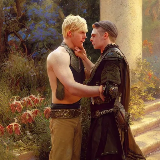 Image similar to attractive male, blond hair arthur pendragon confesses his love to attractive male, dark hair merlin. highly detailed painting by gaston bussiere, craig mullins, j. c. leyendecker 8 k