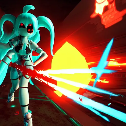 Prompt: Hatsune miku killing demons in the doom 2016 universe, ultra detailed, epic composition, game screenshot, epic light, hell