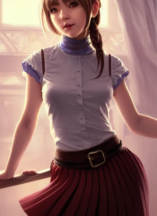 Image similar to portrait of a full body of beautiful young female detective, d & d, sleeveless turtleneck, pleated skirt, fantasy, flat lighting, intricate, highly detailed, digital painting, artstation, concept art, smooth, sharp focus, illustration, misa amane, art by simon bisley and greg rutkowski and alphonse mucha, natural tpose