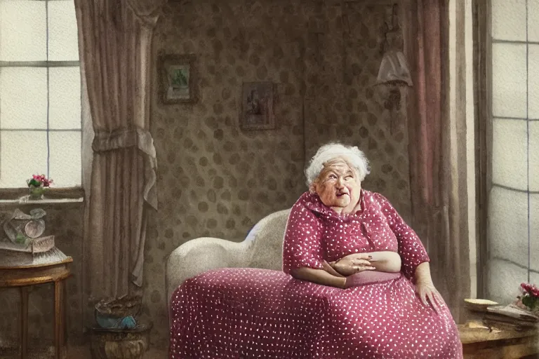 Image similar to charming and chubby old lady, wearing a polka dot cloths and a victorian - style hairdo, lye on the fancy sofa, in the large and bright studio. sunlight enters through the barred window. delicate watercolor and pencil on canvas. beautiful lighting, 4 k post - processing, highly detailed, 5 k extremely detailed, 3 d. cinematic scene.