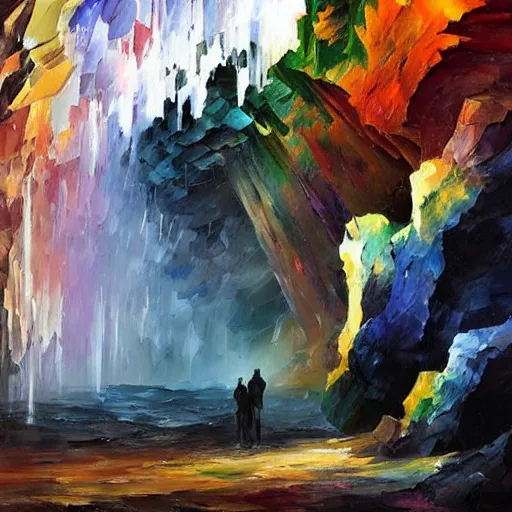 Image similar to A huge cave full of rainbow color crystals and gems on the ground, and stuck to the walls made of huge grey boulders, very dark, midnight, oil painting by Afremov and Greg Rutkowski.