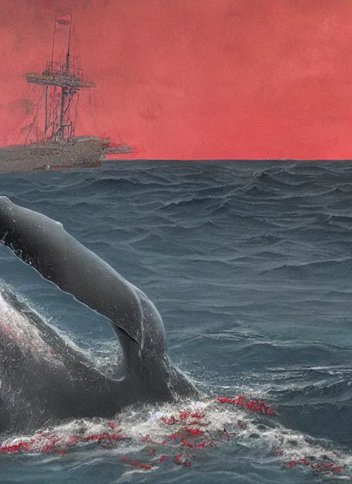 Prompt: a whale bleeding on the ocean near to a ship, 3 d render, hiper detailed, dark art, horror art, digital art, realistic painting, high angle, volumetric light, part by beksinski, part by carl gustav carus with red blood brushstrokes by swanland raymond.