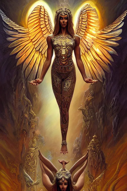 Prompt: angel doing yoga in temple, angel is t - shirt with metal band logo, fantasy, intricate, elegant, highly detailed, digital painting, artstation, concept art, matte, sharp focus art by boris vallejo, smooth, sharp focus, illustration