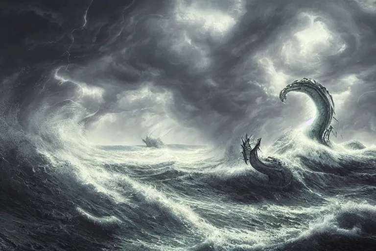 Image similar to immense powerful serpentine sea monsters battling among crashing waves, highly detailed fantasy art, dramatic lighting, stormy weather, great quality,