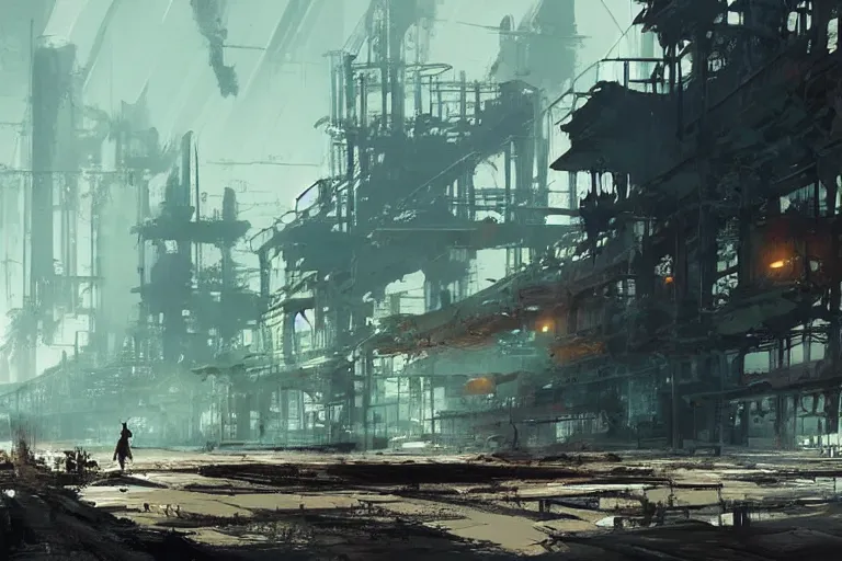 Prompt: abandoned factory landscape. Concept art by Craig Mullins, Ryan Church, Finnian Macmanus, Sung Choi, Sparth, Hugh Ferriss and John Harris. Epic cinematic environment keyframe splash concept art trending on ArtStation