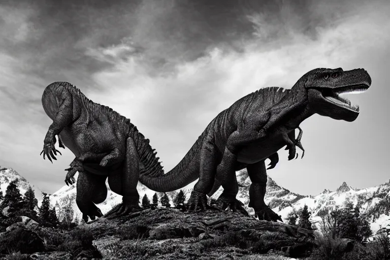Image similar to tyrannosaurus rex large theropod dinosaur standing inside a valley, snowy peaks, in the style of ansel adams, black and white, old, master photography