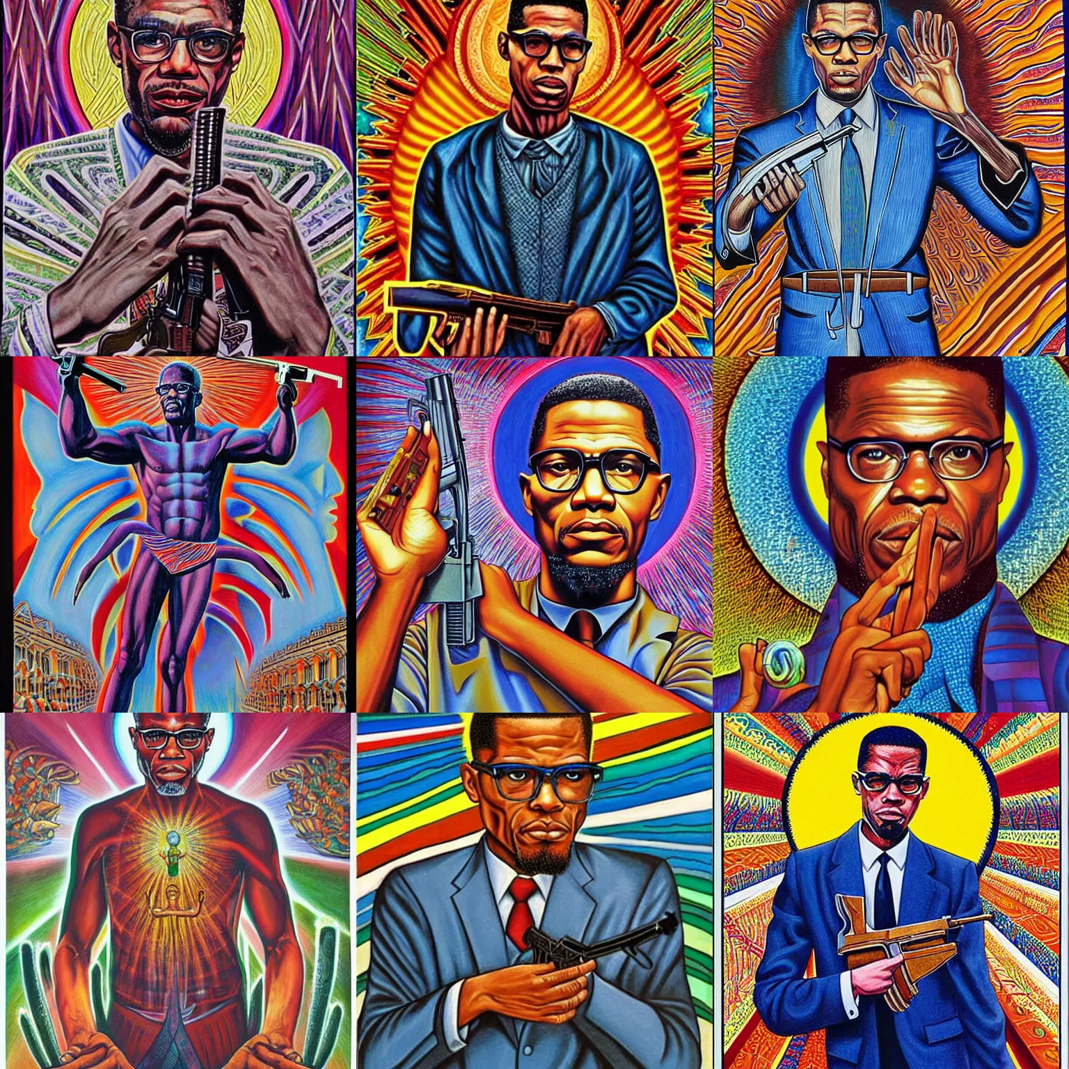 Prompt: Malcolm x holding an ak-47 painting by alex grey in the style of cosmic christ by alex grey