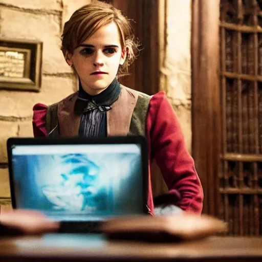 Prompt: Photo of Emma Watson using a computer in Hogwarts next to Professor McGonagall