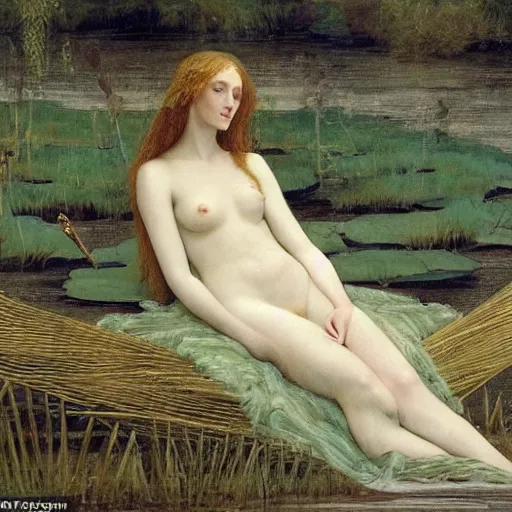 Image similar to breathtaking masterpiece of art, elizabeth eleanor siddall as ophelia laying down in shivasna floating down the river amongst the reeds fully clothed in flowing medieval robes by rosetti, 8 k