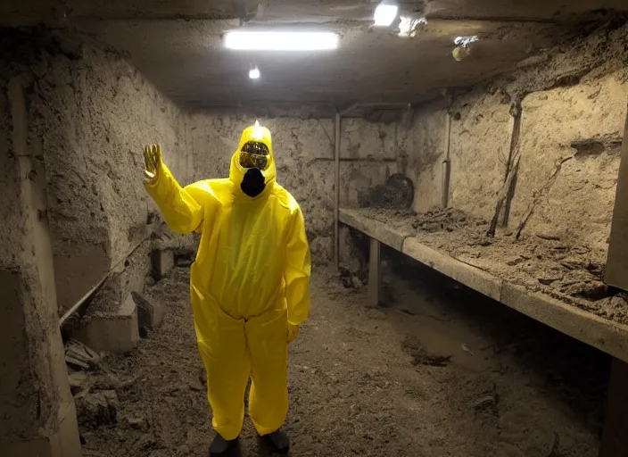 Prompt: a man in a yellow hazmat suit with an Eldritch Cthuhlu creature in an underground brutalist storeroom