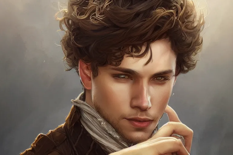 Prompt: handsome boy with brown hair, Wentworth Earl Miller III,D&D, fantasy, intricate, elegant, highly detailed, digital painting, artstation, concept art, matte, sharp focus, illustration, art by Artgerm and Greg Rutkowski and Alphonse Mucha