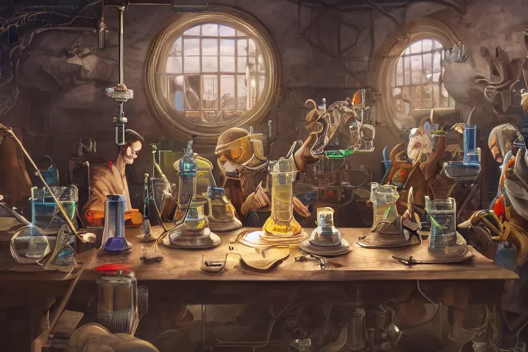 Prompt: a beautiful highly detailed masterpiece photograph of wizards performing cutting edge prompt engineering in a scientific laboratory, trending on artstation