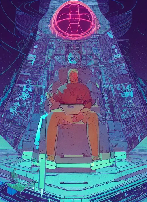 Image similar to a cyberpunk explorer meditating next to a floating triangular glowing monolith with one eye, highly detailed, midnight, by josan gonzalez and victo ngai and moebius