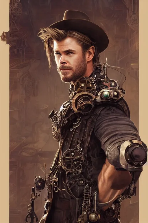 Prompt: chris hemsworth as a steampunk cyborg, portrait, western, steampunk, duster, fantasy, intricate, elegant, highly detailed, digital painting, artstation, concept art, sharp focus, illustration, art by artgerm and greg rutkowski and alphonse mucha