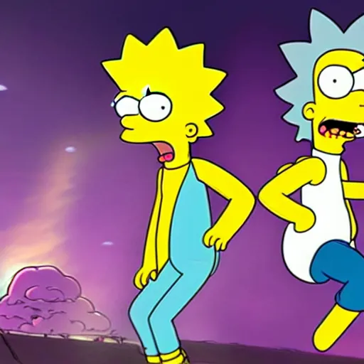 Image similar to The Simpsons take on Rick and Morty in an epic battle, anime style