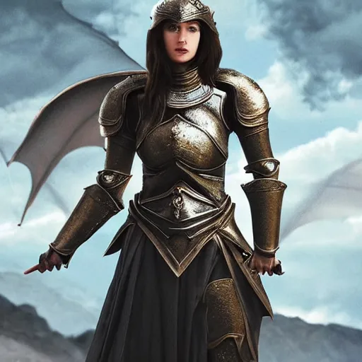 Prompt: a beautiful female knight in a light armor, without any battle experience, who only came to see a dragon, symmetrical, cinematic, real photography