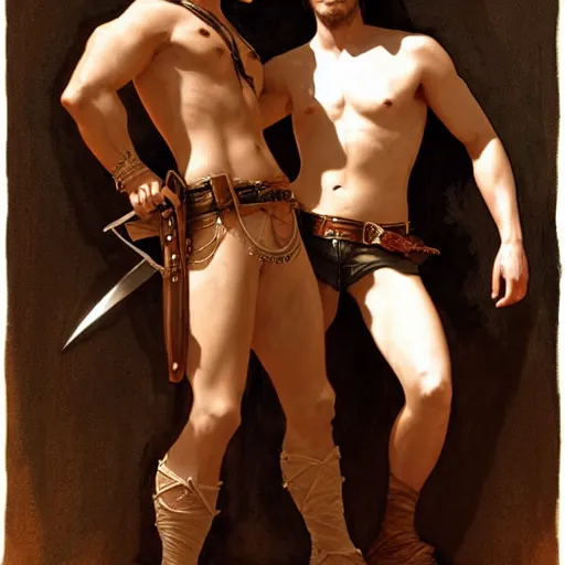 Prompt: attractive shirtless gunslinger and his handsome swordsman, they are in love, leather clothing, fringes, bandoliers, homoerotic natural lighting, path traced, highly detailed, high quality, digital painting, by gaston bussiere, craig mullins, alphonse mucha, j. c. leyendecker