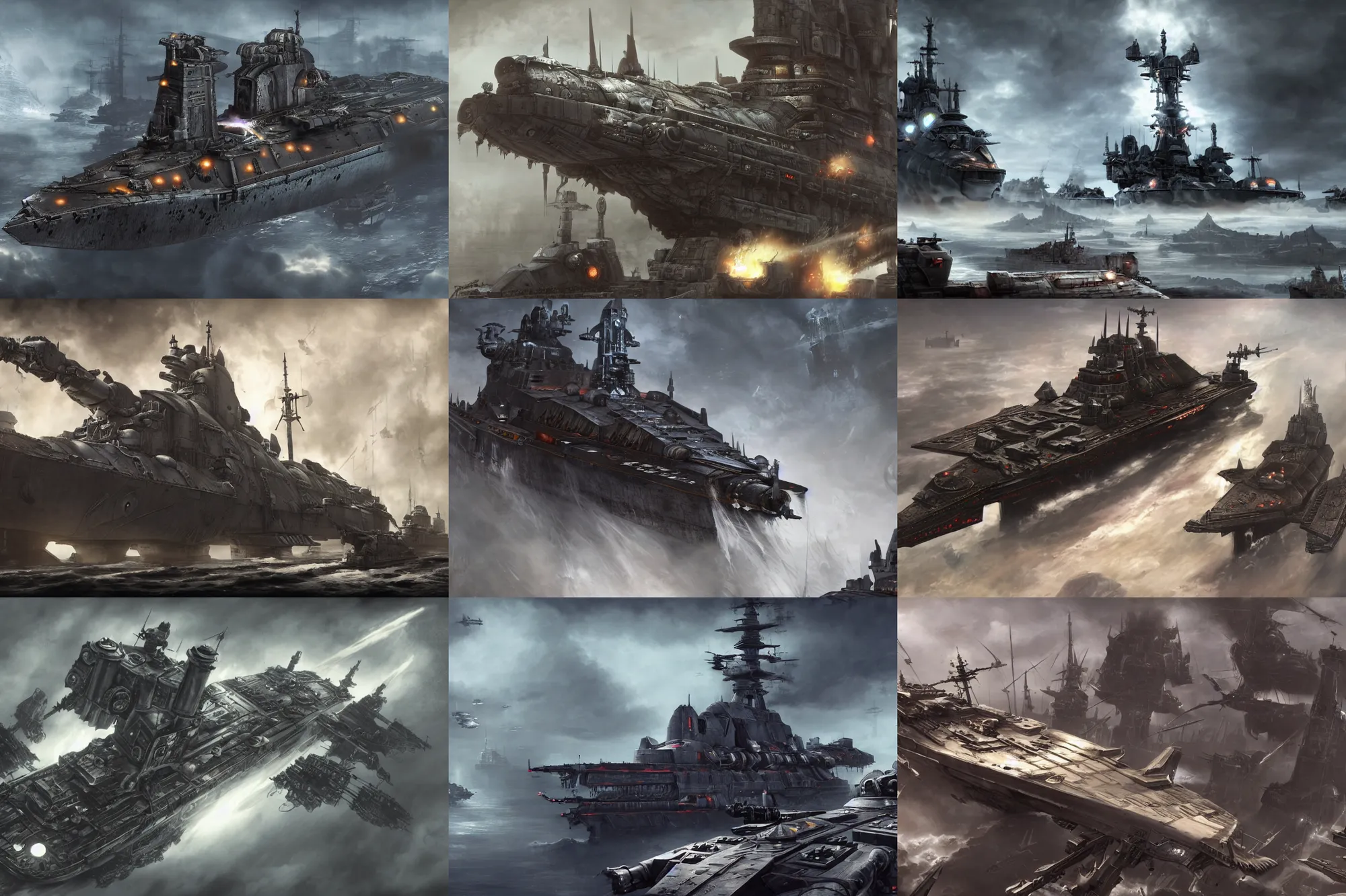 Prompt: A concept art of Warhammer 40000 battleship in open space, gothic style, high details, octane render, dark future