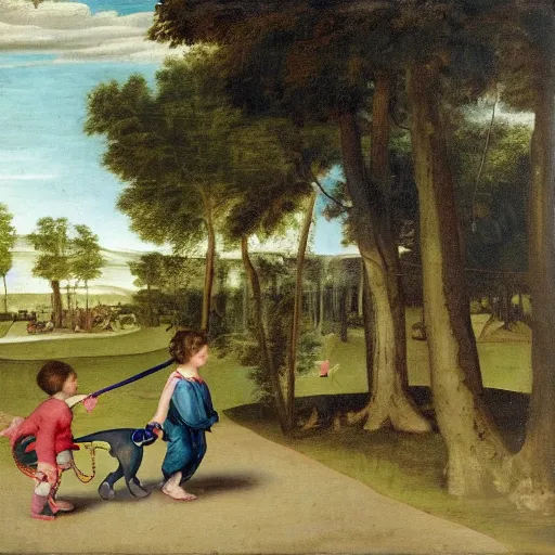 Image similar to a kid at the park walking a dinosaur with a leash, renaissance oil painting