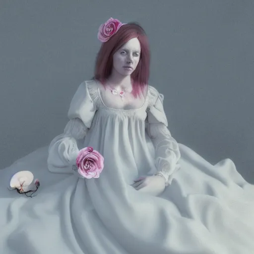 Image similar to 8 k, octane render, realism, tonalism, renaissance, rococo, baroque, cotton candy, portrait of a creepy young lady wearing long 1 9 7 0 s babydoll dress with flowers and skulls