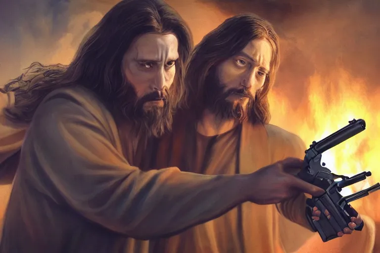 Prompt: real life photo of confident Jesus Christ holding a gun shooting the leader of Hell the Devil Hades, 8k, hyperrealistic, very detailed, clean, professional photography, epic composition, side profile, high contrast, upscaled, god rays