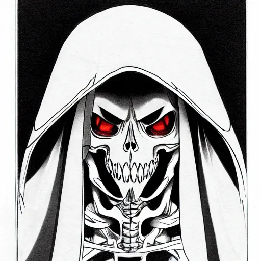 Image similar to A anime still of a grim reaper by Takeshi Obata, skeleton face symmetrical face,pencil art on paper