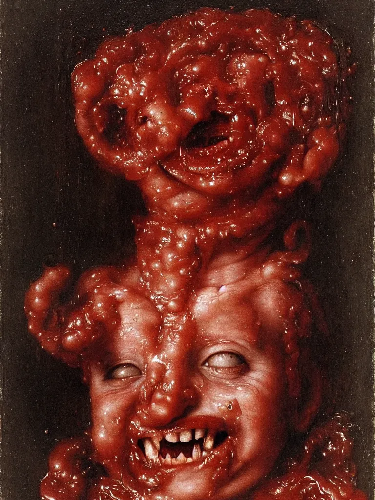 Image similar to a boy like eraserhead sitting in a tub full of tomato sauce, looking straight into camera, screaming in desperation, by giuseppe arcimboldo and ambrosius benson, renaissance, fruit, intricate and intense oil paint, a touch of joseph cornell, beksinski and hr giger and edward munch, realistic