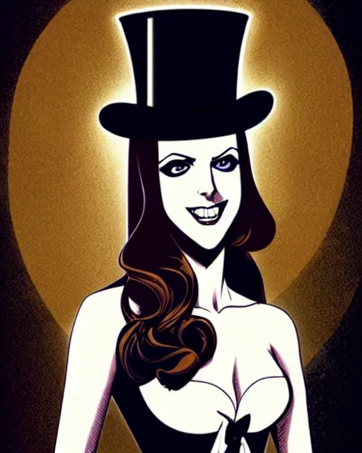 Image similar to beautiful Anna Kendrick Zatanna DC Comics floating on stage, wearing a top hat, symmetrical face symmetrical eyes, smiling, intricate details, atmospheric, art by eiichiro oda, Joshua Middleton art