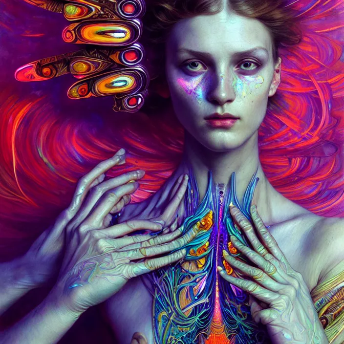 Image similar to bright psychedelic portrait of organic cyborg wings, diffuse lighting, fantasy, intricate, elegant, highly detailed, lifelike, photorealistic, digital painting, artstation, illustration, concept art, smooth, sharp focus, art by John Collier and Albert Aublet and Krenz Cushart and Artem Demura and Alphonse Mucha