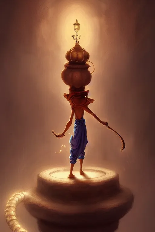 Image similar to genie man from aladdin's lamp, by wlop, by luis royo, by peter mohrbacher, concept art, digital illustration, intricate, masterpiece, elegant, super detailed, unreal engine rendering, smooth, sharp focus, artstation hq