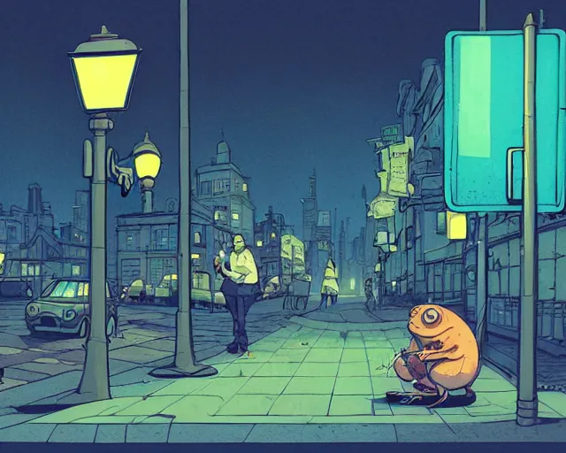 Prompt: a study of cell shaded cartoon of a toad smoking a cigarette on a city street, street lamps, road, illustration, wide shot, subtle colors, post grunge, concept art by josan gonzales and wlop, by james jean, Victo ngai, David Rubín, Mike Mignola, Laurie Greasley, highly detailed, sharp focus, Trending on Artstation, HQ, deviantart, art by artgem