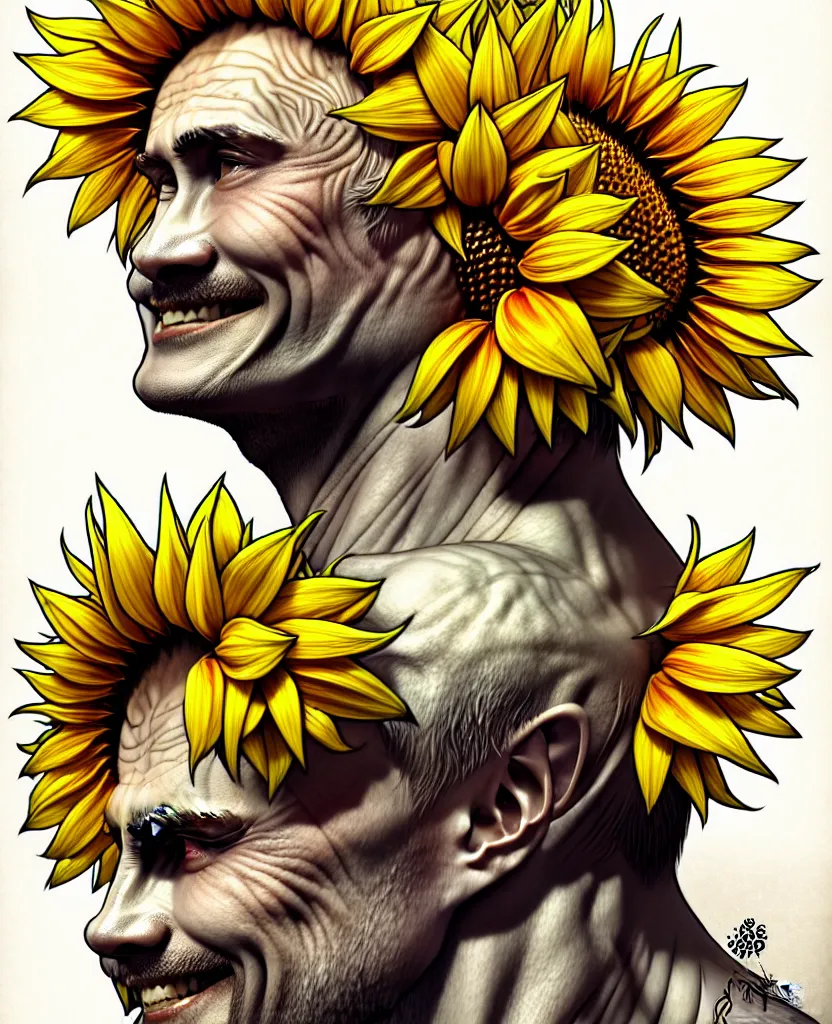 Image similar to digital art, centered full body of Putin smiling king, Sunflower crown, ,intricate, veins, by James Jean and by artgerm , by ross tran ultradetailed, charachter design, concept art, trending on artstation,