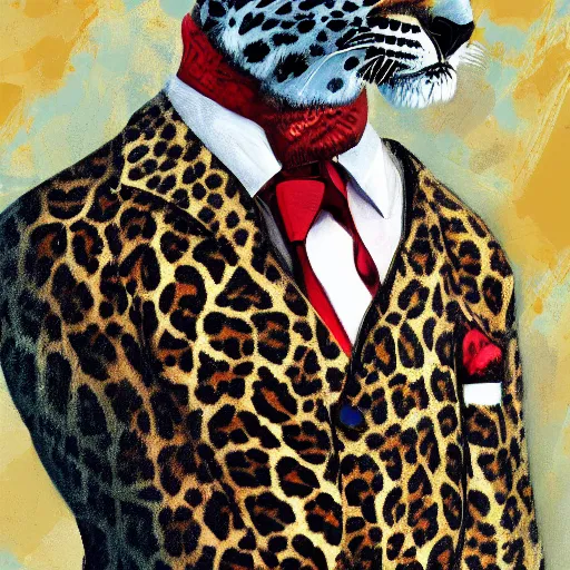 Prompt: painting of leopard wearing suit and tie, digital art,