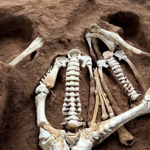 Image similar to archeologists discovery intact giant human bones, realistic, very detailed, photo, high resolution