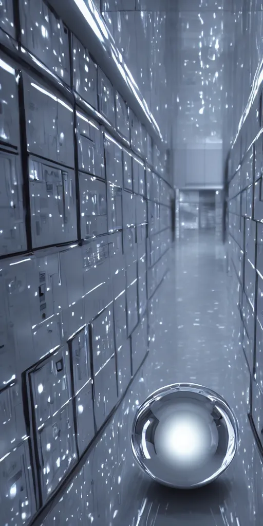 Prompt: chrome blob hovering in a server room, system failure cinematic led lights photorealistic render unreal