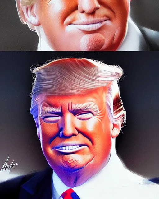 Image similar to donald trump with a smirky smile painted by artgerm and greg rutkowski, clear highly detailed, beautiful sci fi art, blue rim lighting