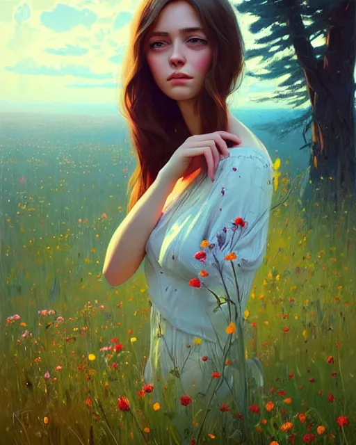 Image similar to stylized portrait of an artistic pose, composition, young lady sorrounded by nature, meadow, flowers, realistic shaded, fine details, realistic shaded lighting poster by ilya kuvshinov, magali villeneuve, artgerm, jeremy lipkin and michael garmash and rob rey
