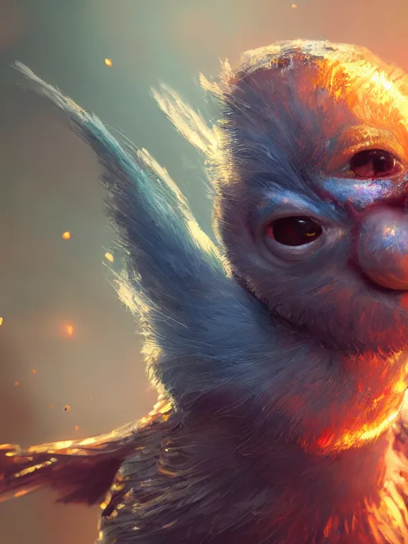 Image similar to fine painting of a mutated baby bird, 8 k, ultra realistic, lens flare, atmosphere, glow, detailed, intricate, full of colour, cinematic lighting, trending on artstation, 4 k, hyperrealistic, focused, extreme details, unreal engine 5, cinematic, masterpiece