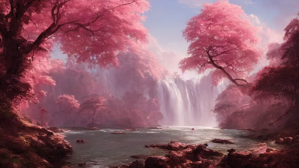 Prompt: the most beautiful panoramic landscape, oil painting, where a giant dreamy waterfall creates a river, the trees around are starting to bloom in pink color, by greg rutkowski