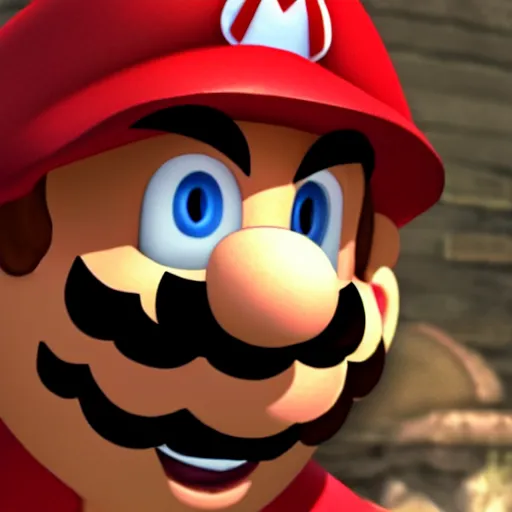 Prompt: still of a mario from super mario videogames as an npc in skyrim, close up