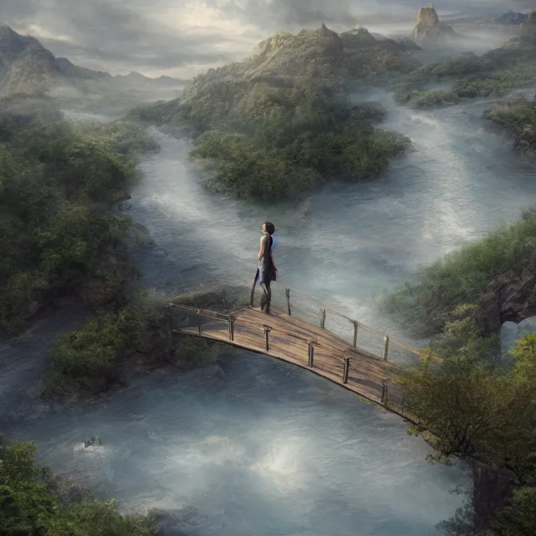 Image similar to a person standing on a bridge over a river, a detailed matte painting by kano naizen, cgsociety, fantasy art, matte painting, terragen, made of mist