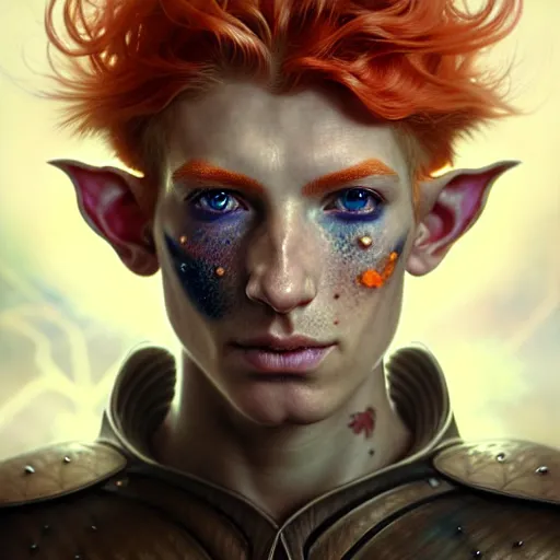 Image similar to portrait painting of an elven young man with short light orange hair and freckles and tree tattoos on his cheekbones light armor, ultra realistic, concept art, intricate details, eerie, highly detailed, photorealistic, octane render, 8 k, unreal engine. art by artgerm and greg rutkowski and charlie bowater and magali villeneuve and alphonse mucha