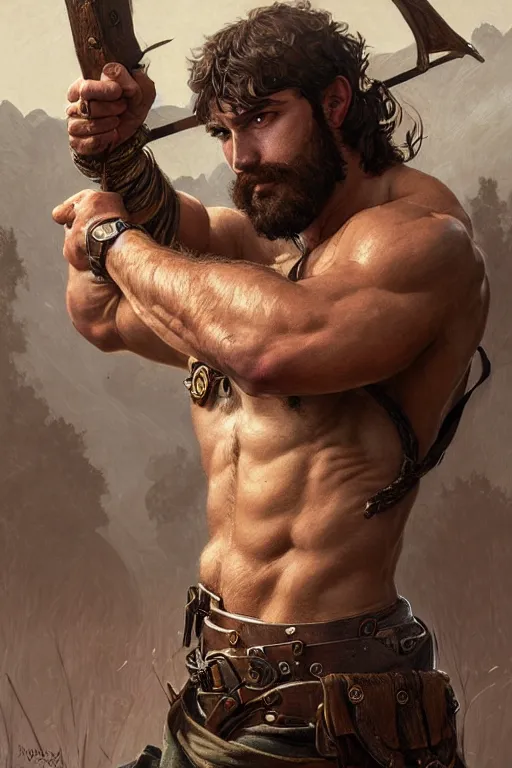 Image similar to portrait of a young rugged ranger, muscular, handsome, upper body, hairy torso, D&D, fantasy, intricate, elegant, highly detailed, digital painting, artstation, concept art, smooth, sharp focus, illustration, art by artgerm and Greg Rutkowski and Alphonse Mucha