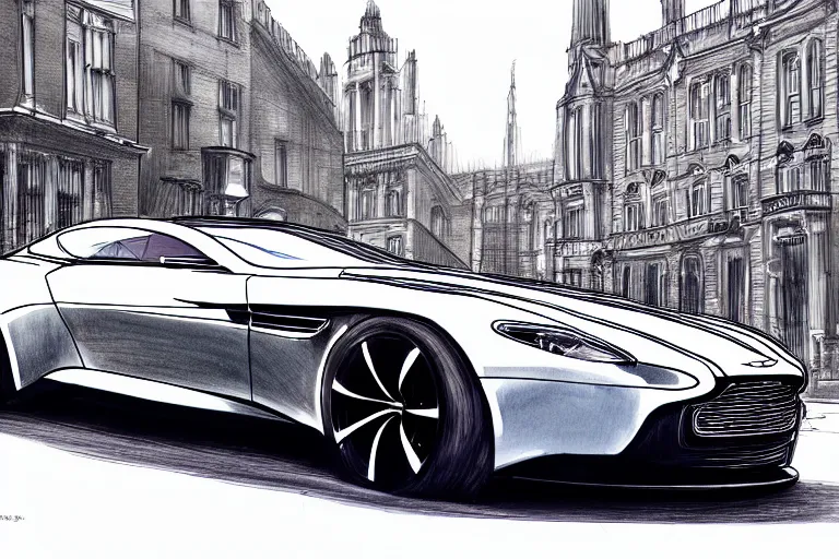 Image similar to copic marker pen drawing of an aston martin concept car, in a london business district street, medium range, sharp, very detailed, high resolution, trending on artstation