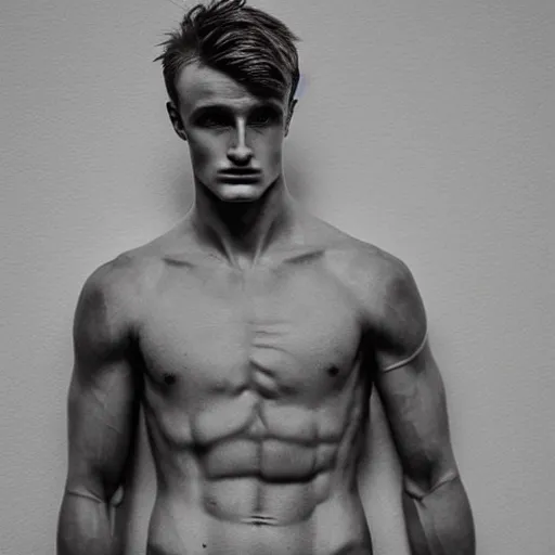 Image similar to “a realistic detailed photo of a guy who is an attractive humanoid who is half robot and half humanoid, who is a male android, Jack Laugher, shiny skin, posing like a statue, blank stare”