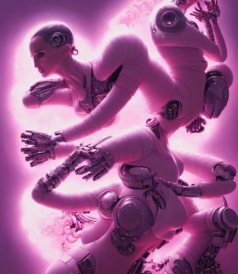 Image similar to beautiful fantasy character portrait of a natalie portman cyborg, wearing pink puffy bomber jacket with white fur, seductive reclining pose, lasers, ultra realistic, dramatic lighting, robots, the fifth element artifacts, highly detailed by peter mohrbacher, hajime sorayama, wayne barlowe, boris vallejo, aaron horkey, gaston bussiere, craig mullins