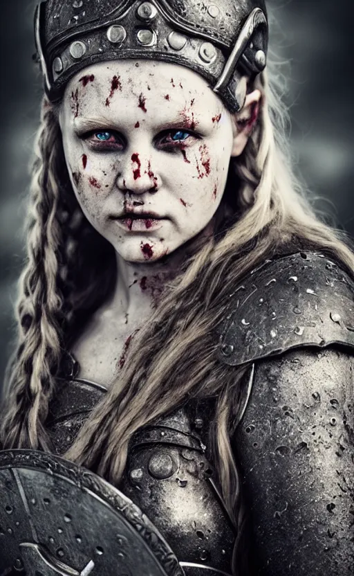 Prompt: photorealistic photograph of beautiful female viking warrior with large sad gray eyes, bloody, cinematic, 28mm