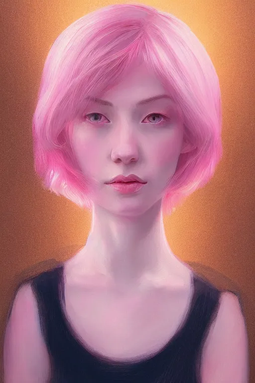 Image similar to “Portrait of a Beautiful pale skin female with short pink hair, elegant, digital painting, highly detailed, artstation, concept art, smooth, sharp focus, gold, neon lighting, illustration, art by Klimt and Ayami Kohima .”